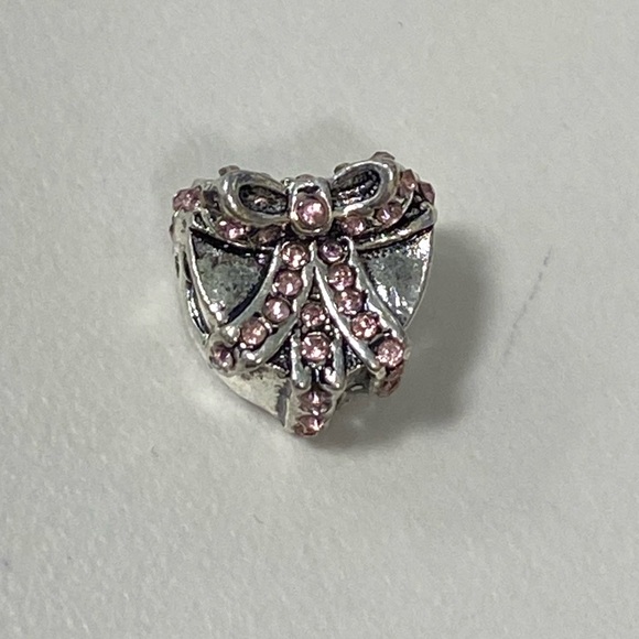 Pink bow silver heart charm 4 Pandora bracelet - Picture 1 of 2